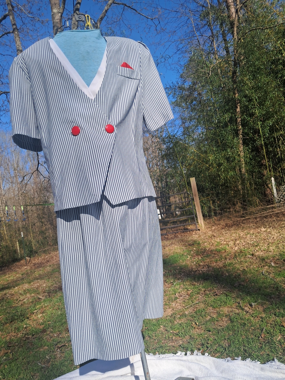 1980s Sailor Vibes Striped Two-Piece Skirt Suit with Red Accent